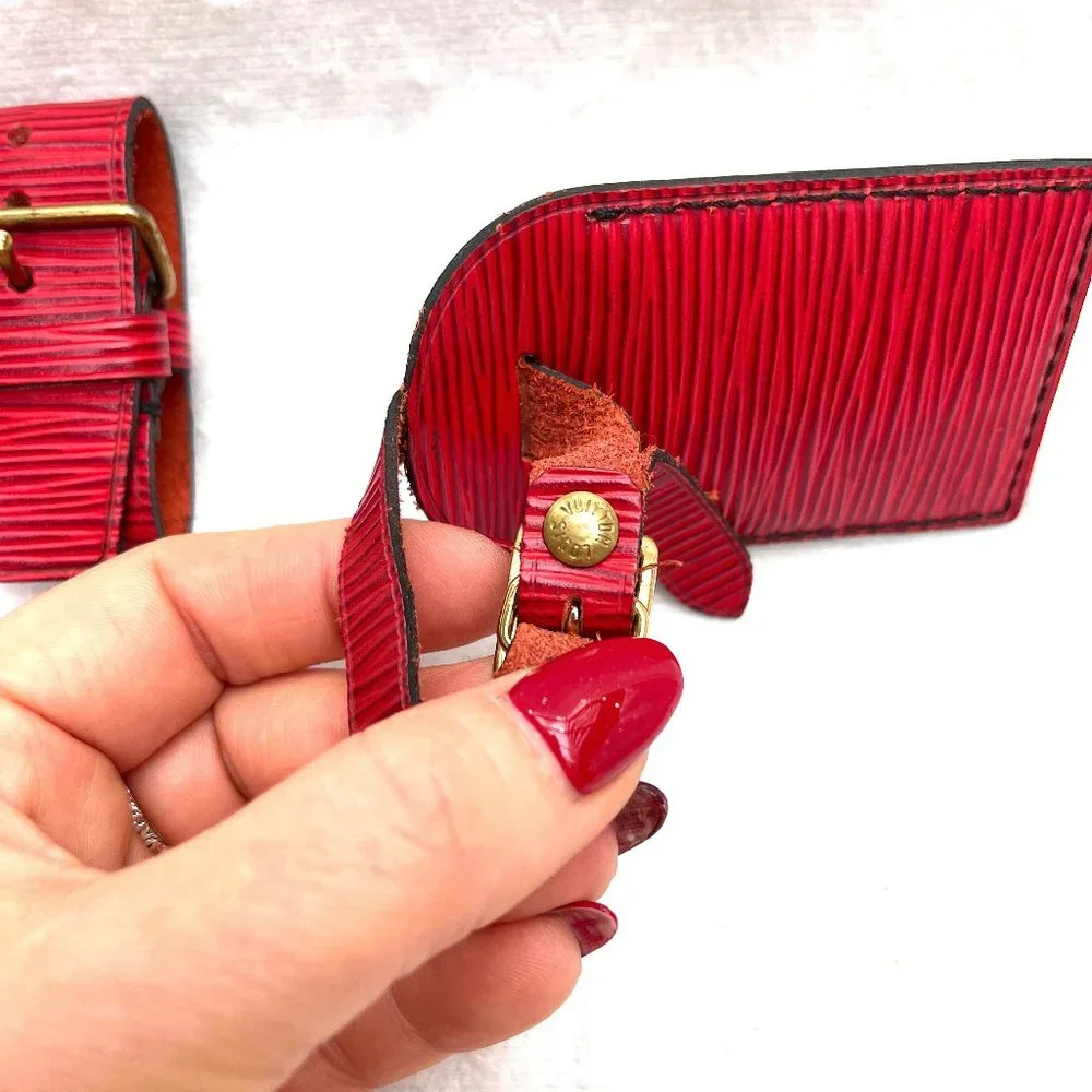 Rare Louis Vuitton red Epi leather luggage tag and poignet set